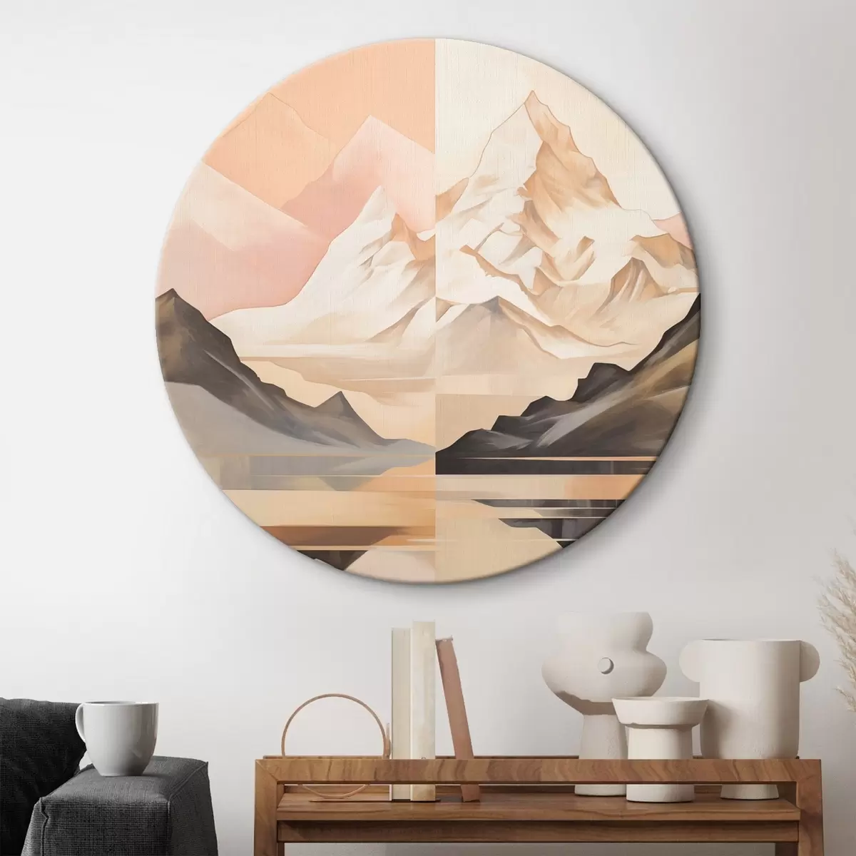 Runde Wandbilder Abstrakte Landschaft mit Bergen und einem See, Pastellfarben, minimalistischer Stil r45948