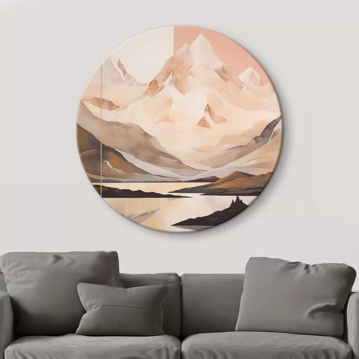 Runde Wandbilder Abstrakte Landschaft mit Bergen und einem See, Pastellfarben, minimalistischer Stil r45949