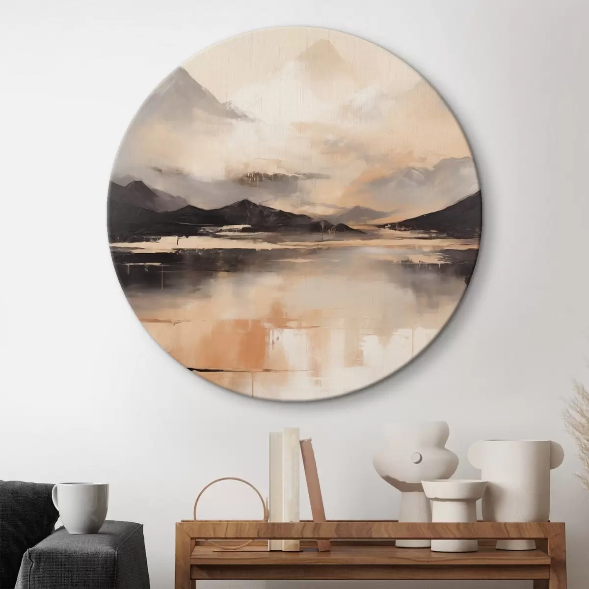 Runde Wandbilder Eine Landschaftsmalerei mit Struktur, die Berge und einen See imitiert r45950
