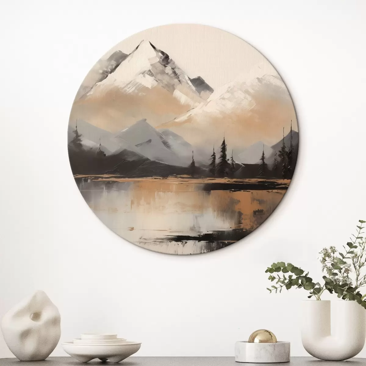 Runde Wandbilder Verschneite Berge mit Baumstruktur vor einem See r45951