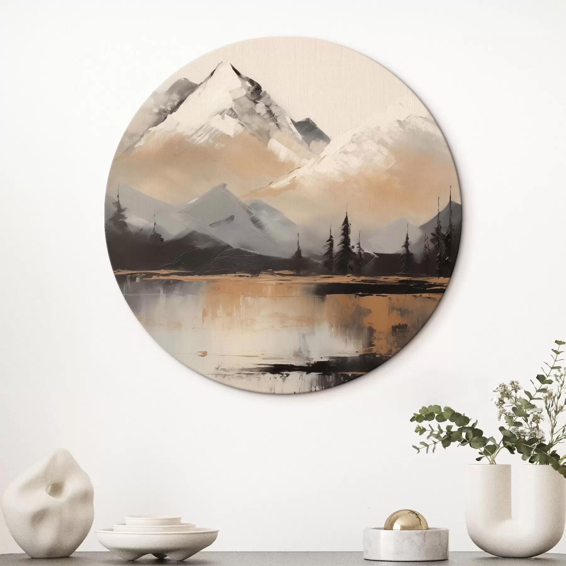 Fototapete Verschneite Berge mit Baumstruktur vor einem See r45951