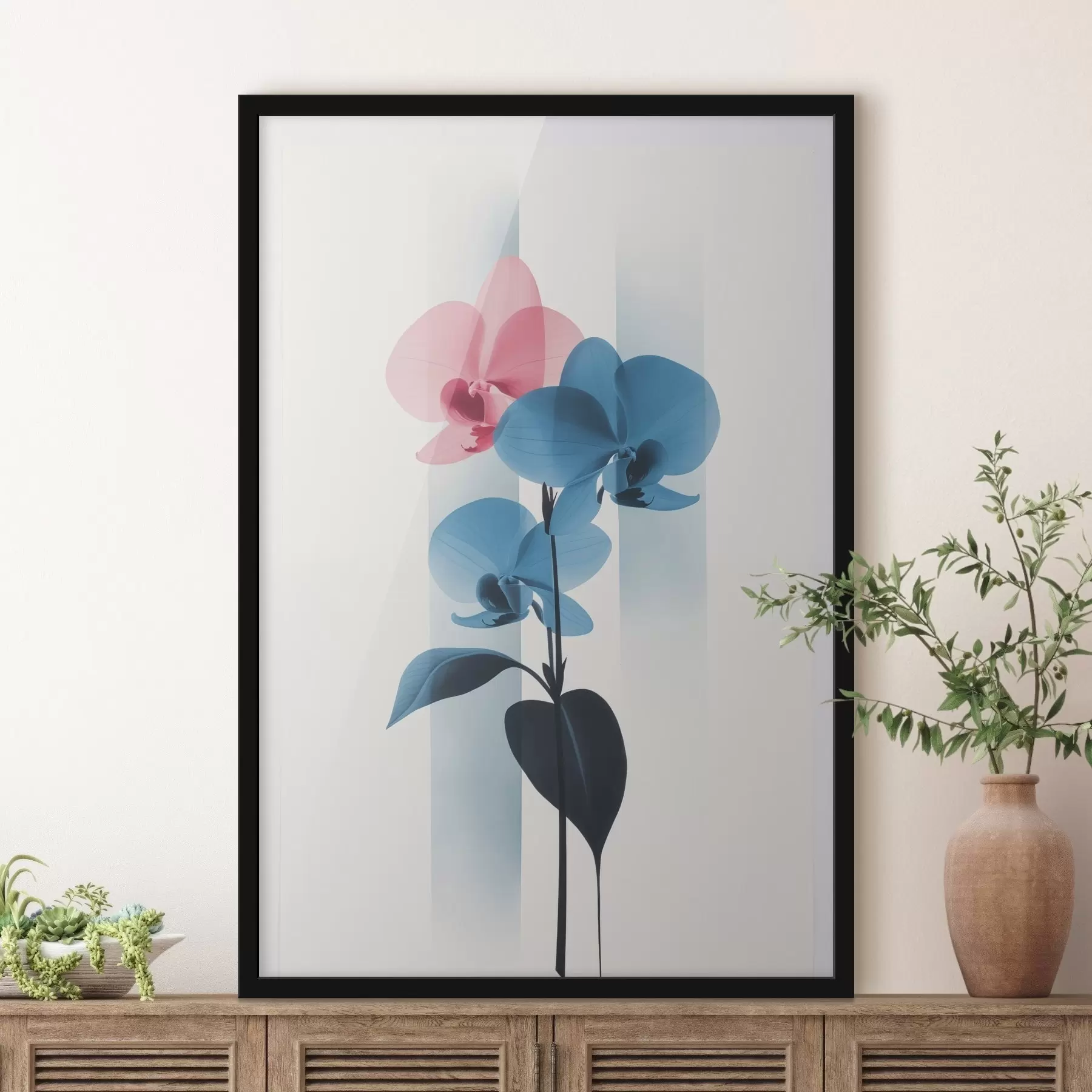 Fototapete Orchideen mit Blättern auf weißem Hintergrund mit vertikalen Streifen f45925