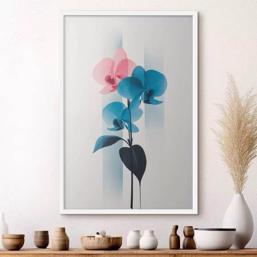Fototapete Orchideen mit Blättern auf weißem Hintergrund mit vertikalen Streifen f45925