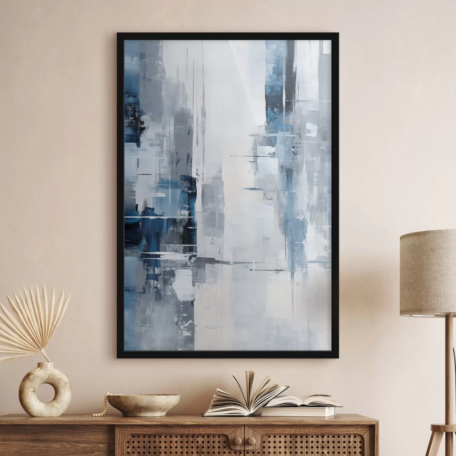 Fototapete Abstrakte Malerei-Imitation mit blauen, grauen und weißen Farben, vertikalen Linien und geometrischen Formen f45926
