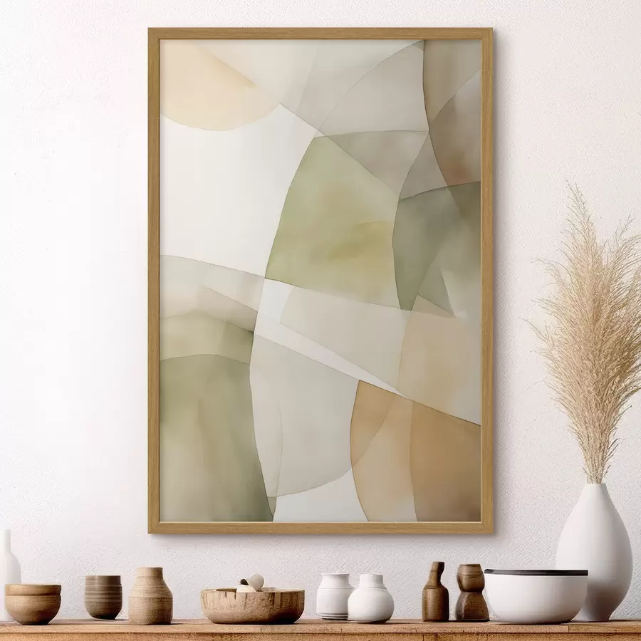 Fototapete Abstrakte geometrische Formen mit Aquarellstruktur in Grün-, Braun- und Beigetönen f45928