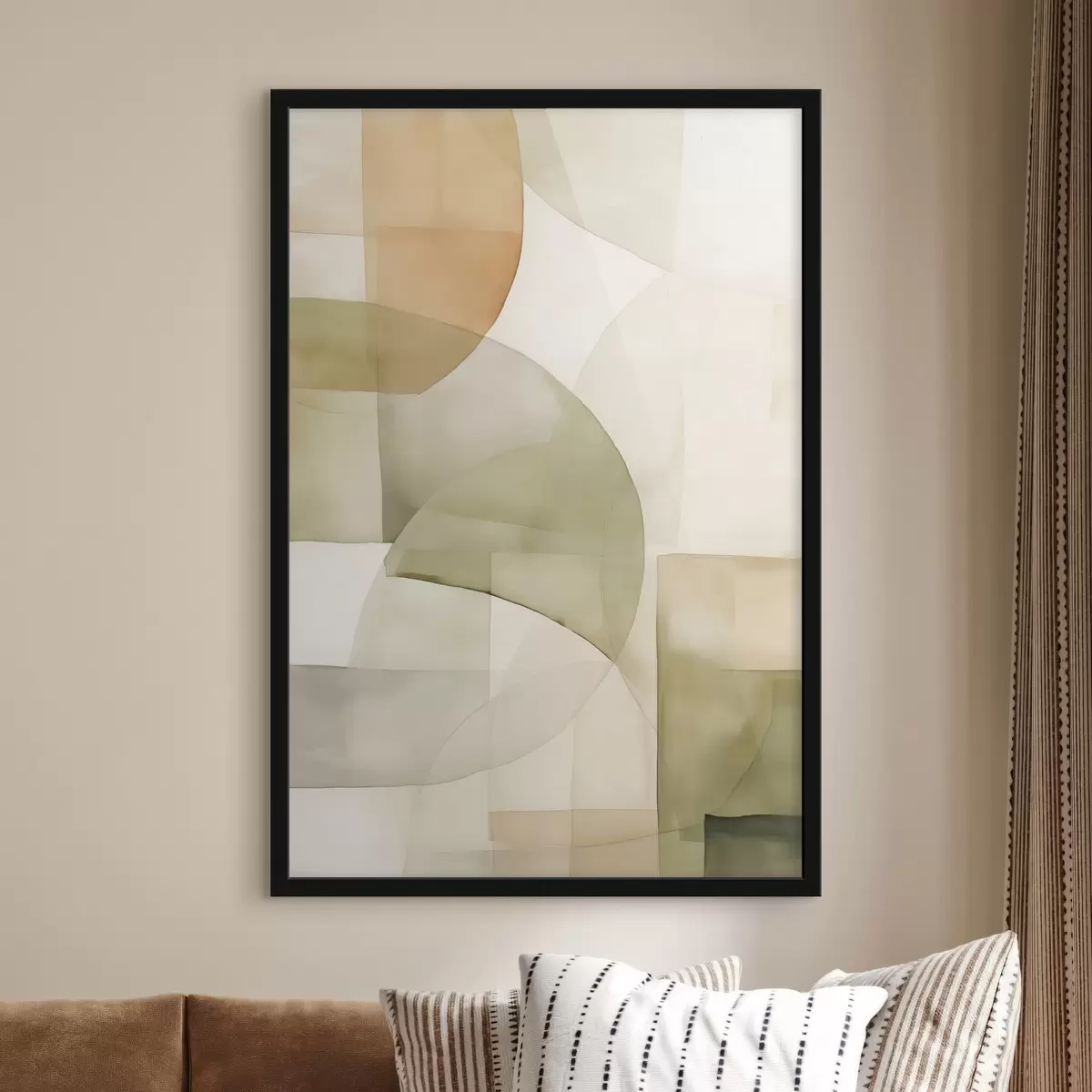 Poster Abstrakte geometrische Formen mit Aquarellstruktur in Grün-, Braun- und Beigetönen f45929