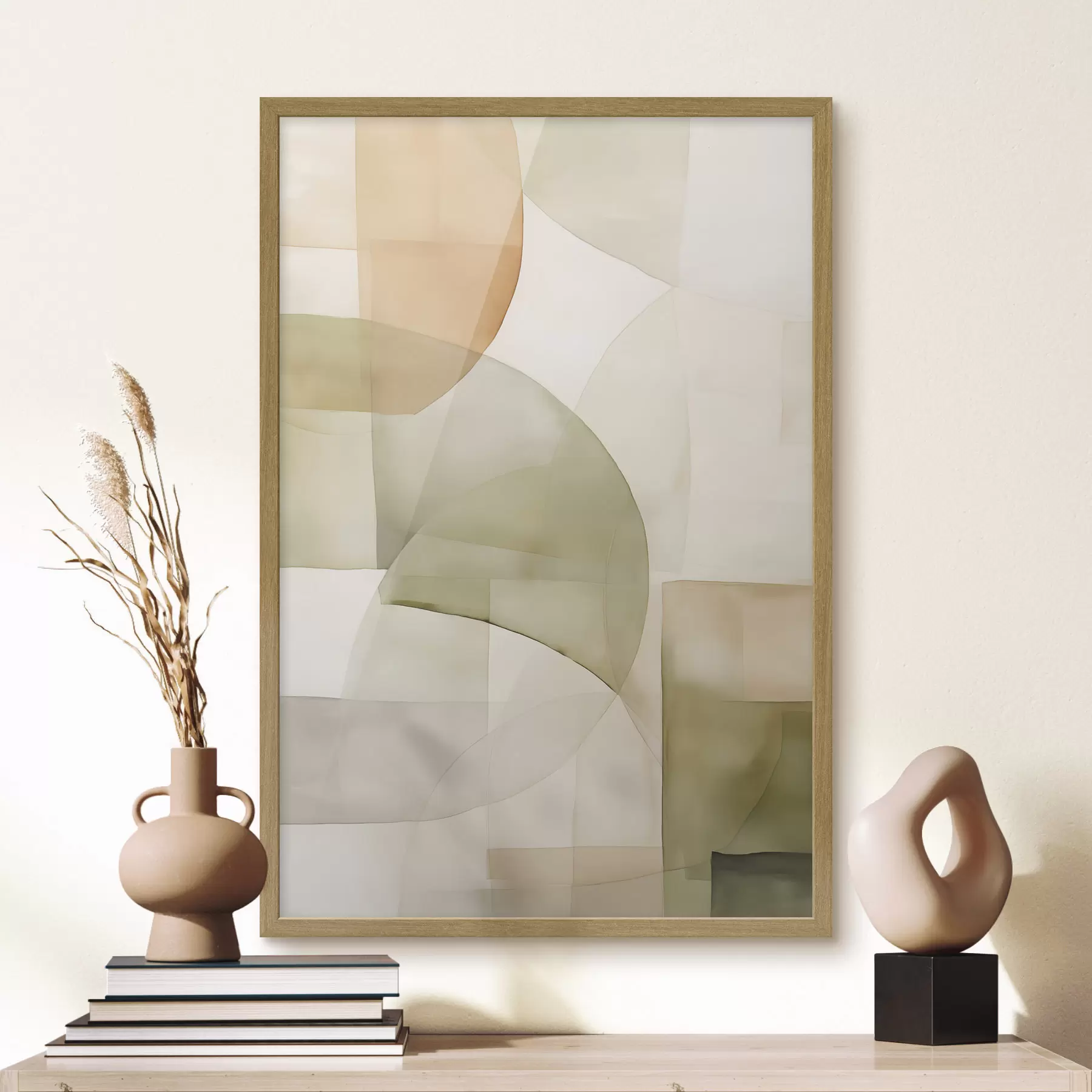 Fototapete Abstrakte geometrische Formen mit Aquarellstruktur in Grün-, Braun- und Beigetönen f45929