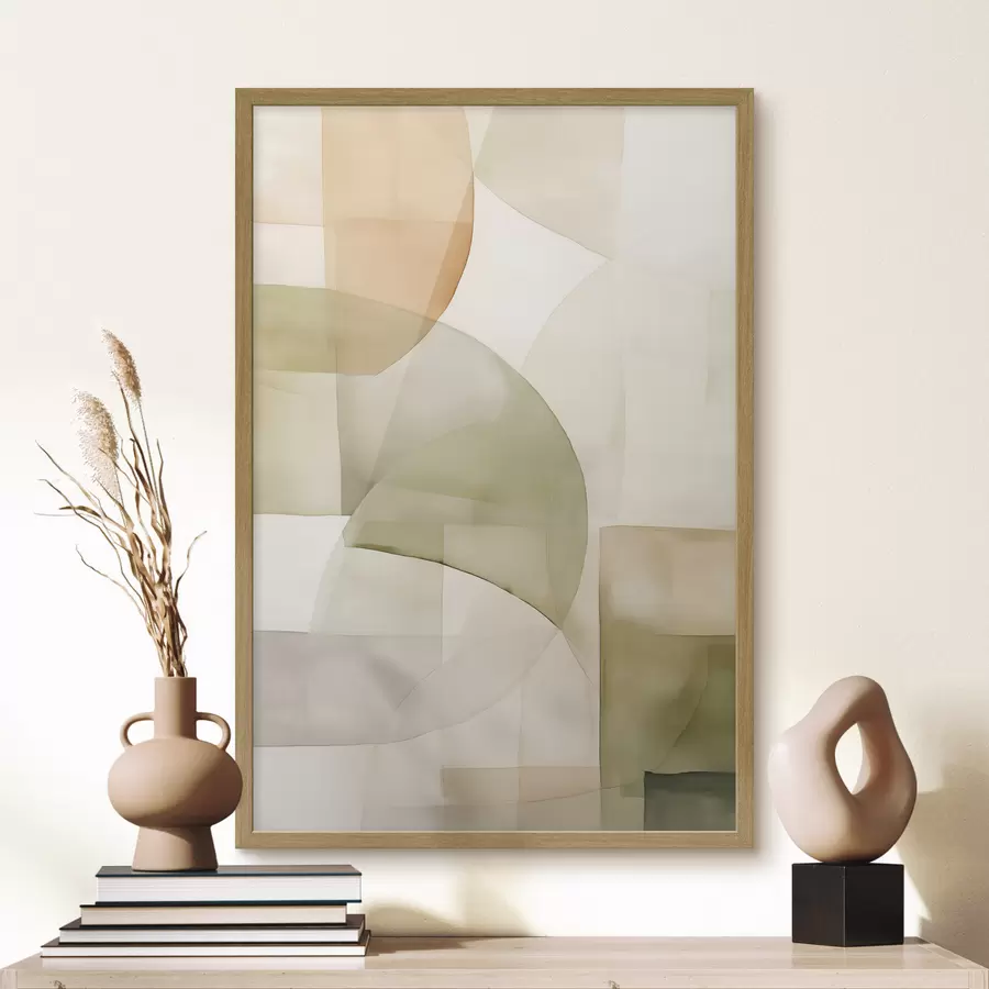 Fototapete Abstrakte geometrische Formen mit Aquarellstruktur in Grün-, Braun- und Beigetönen f45929