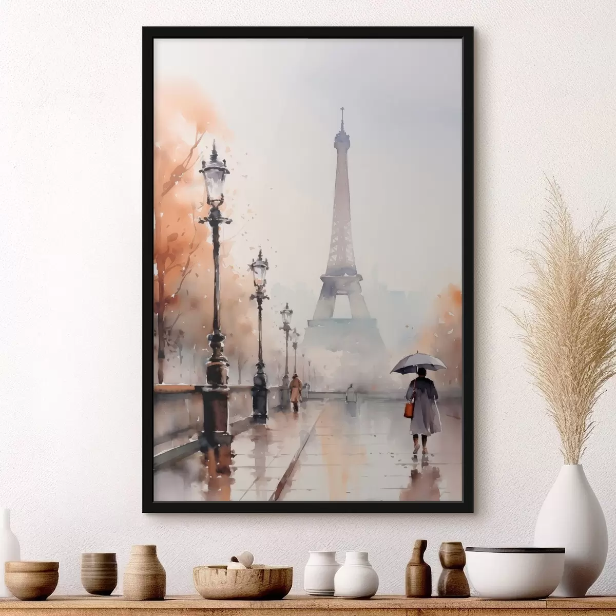 Poster Ein regnerischer Tag in Paris mit dem Eiffelturm im Hintergrund und Vintage-Straßenlaternen f45930