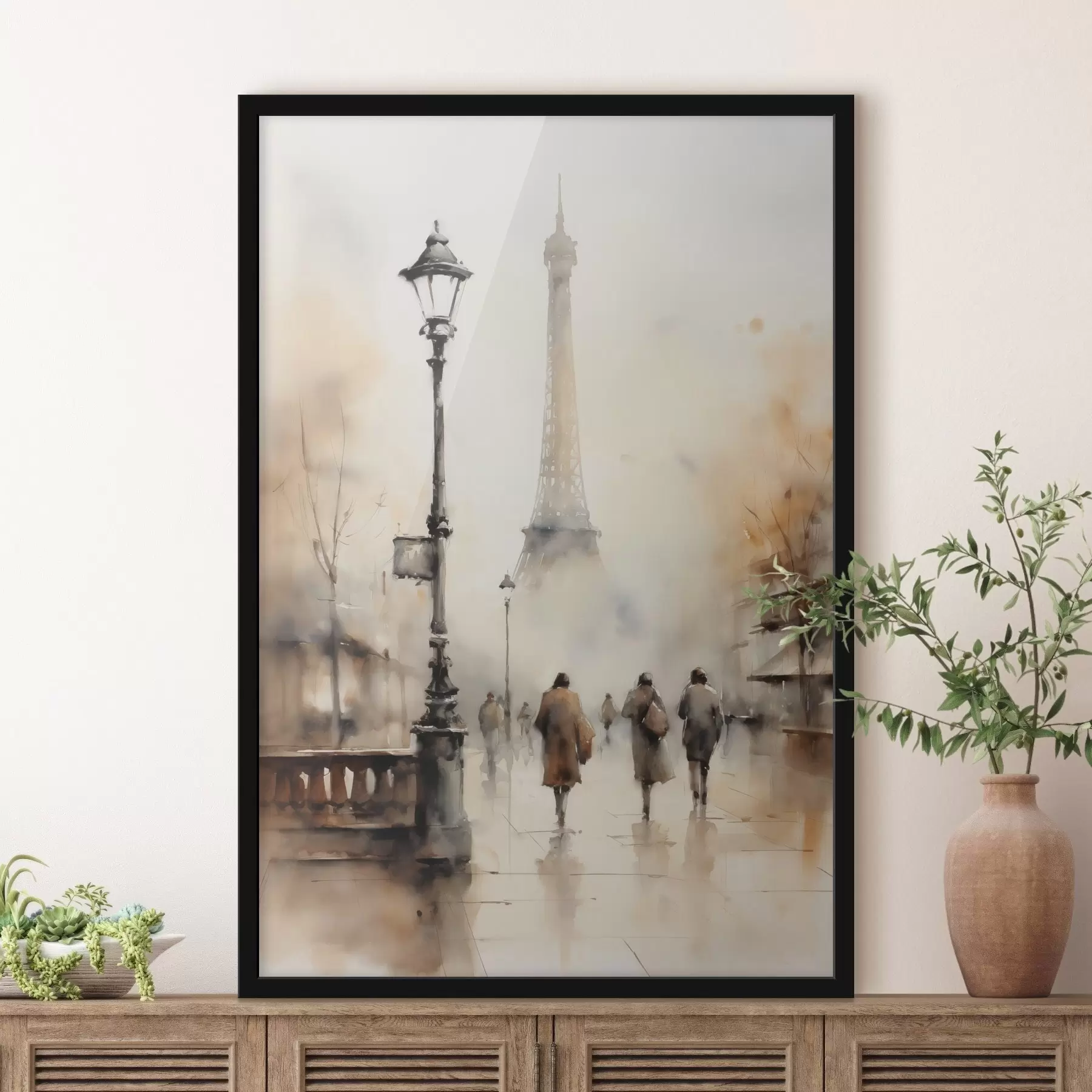 Fototapete Ein regnerischer Herbsttag in Paris mit dem Eiffelturm im Hintergrund und Vintage-Straßenlaternen f45931