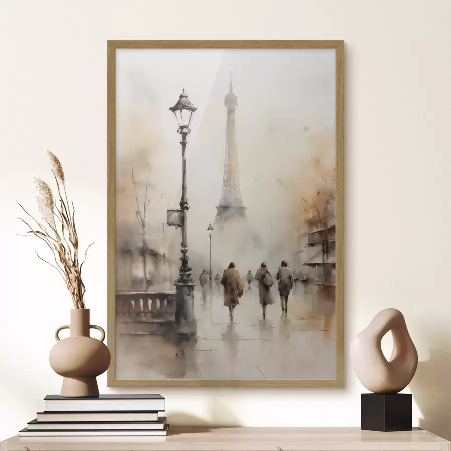 Fototapete Ein regnerischer Herbsttag in Paris mit dem Eiffelturm im Hintergrund und Vintage-Straßenlaternen f45931