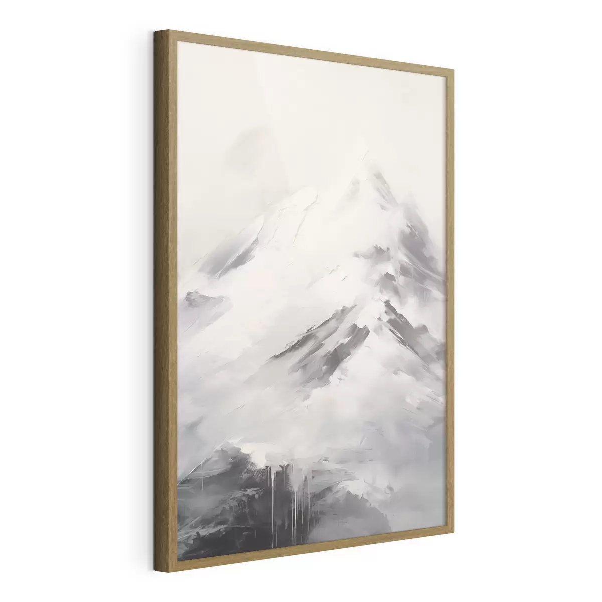 Poster Verschneite Berggipfel mit grauen Schatten, grauer Himmel, Pinselstriche, strukturiert, minimalistisch f45932
