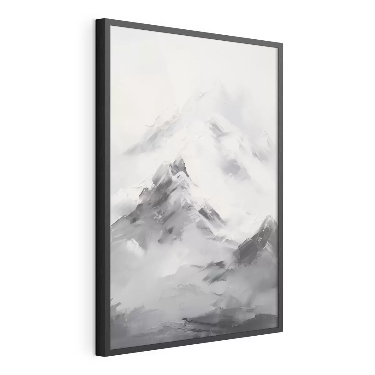 Poster Verschneite Berggipfel mit grauen Schatten, grauer Himmel, Pinselstriche, strukturiert, minimalistisch f45933