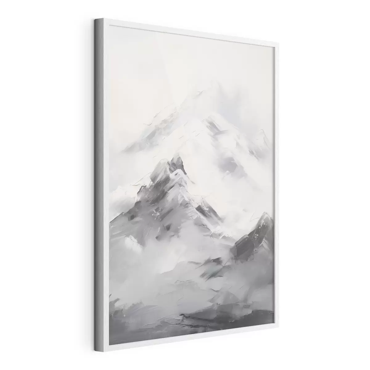 Poster Verschneite Berggipfel mit grauen Schatten, grauer Himmel, Pinselstriche, strukturiert, minimalistisch f45933