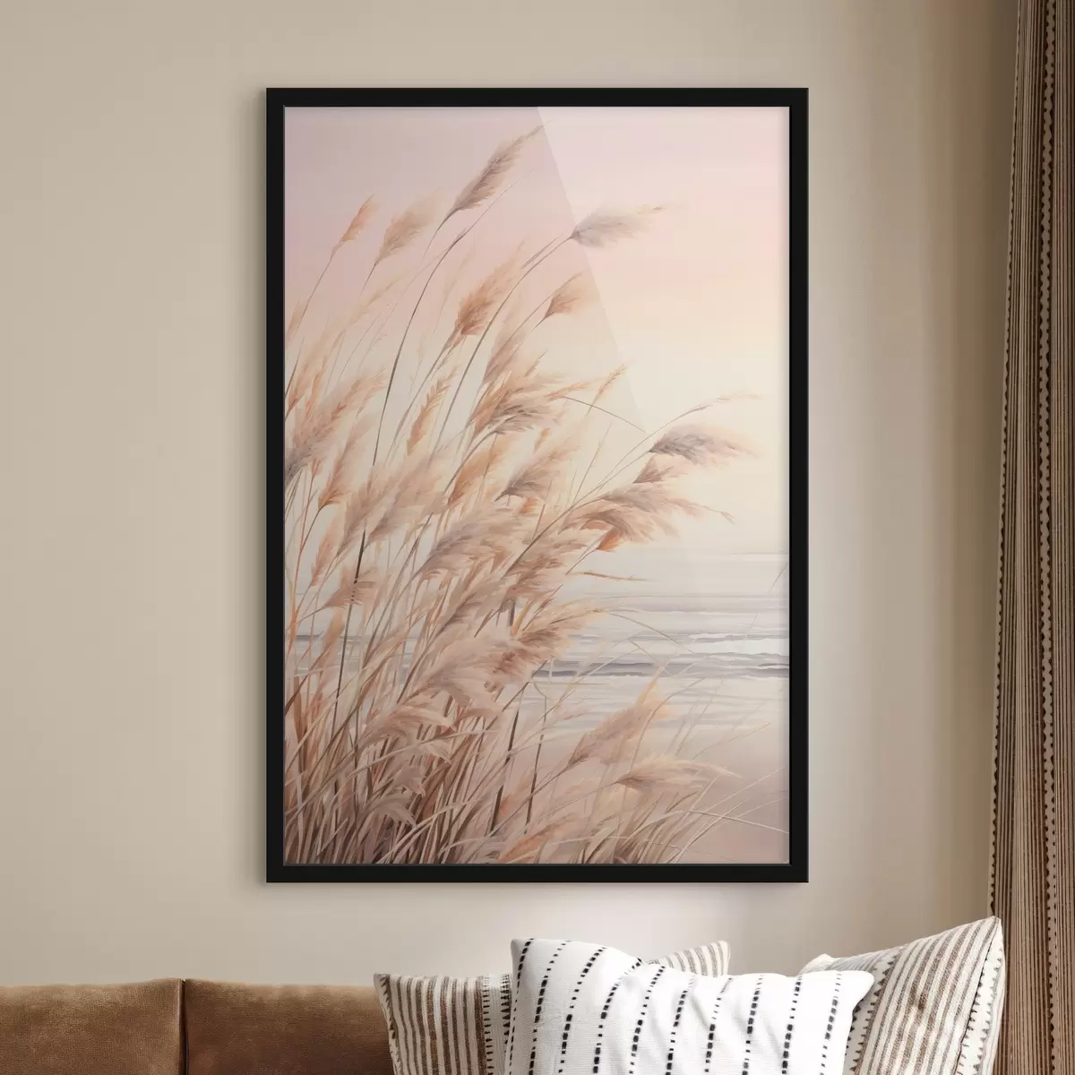 Poster Pampasgras mit pastelloranger Farbpalette, hellrosa Himmel, eine ruhige Landschaft f45934
