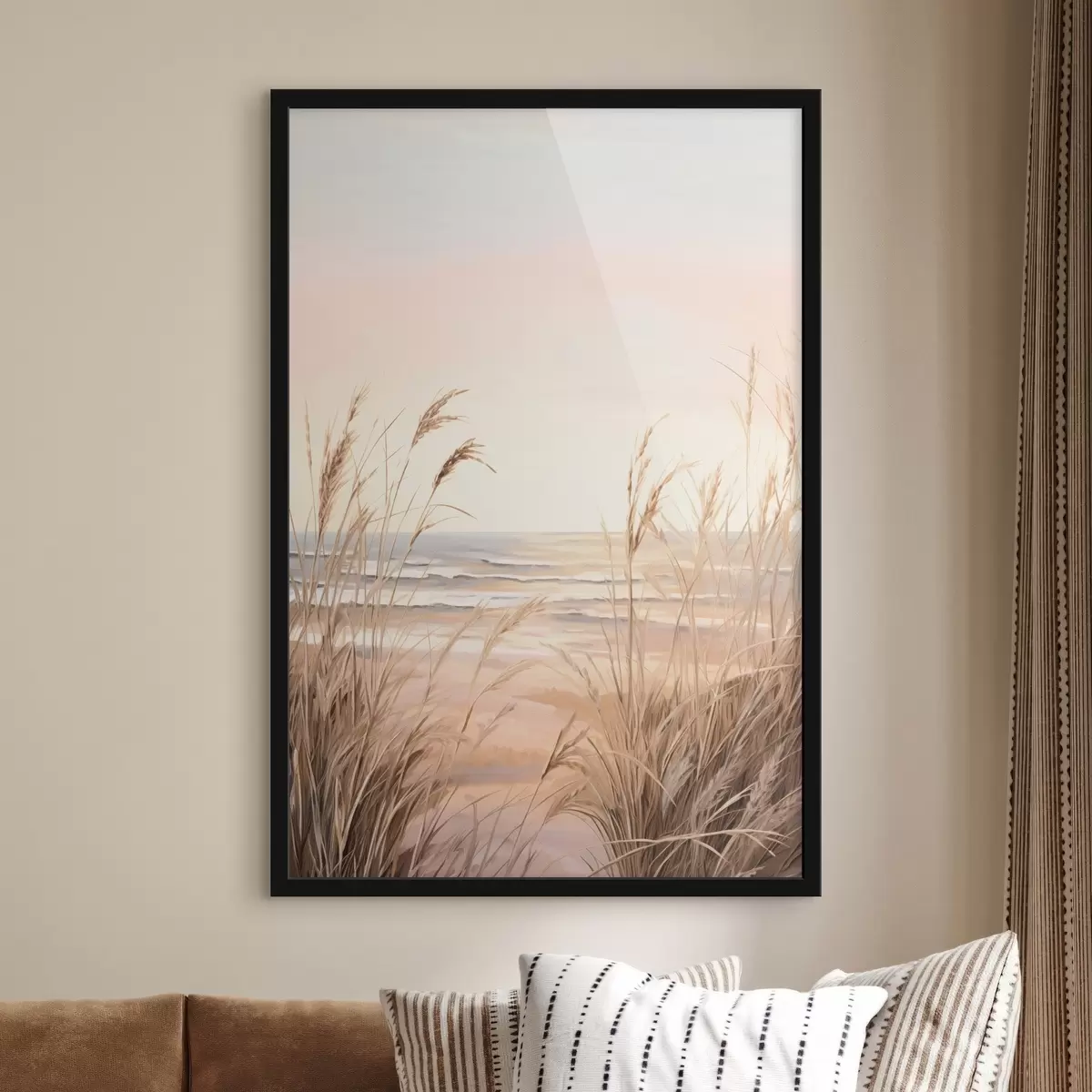 Poster Pampasgras mit pastelloranger Farbpalette, hellrosa Himmel, eine ruhige Landschaft f45935
