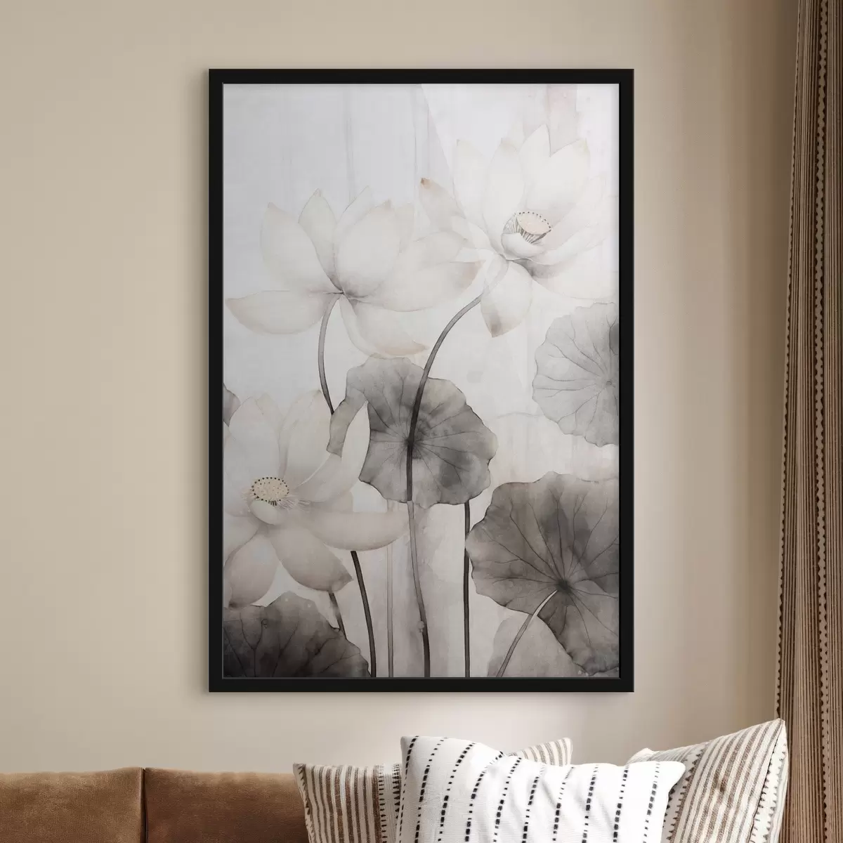 Poster Weiße Lotusblumen mit dunkler Blattstruktur, heller Hintergrund, minimalistisches Design f45937