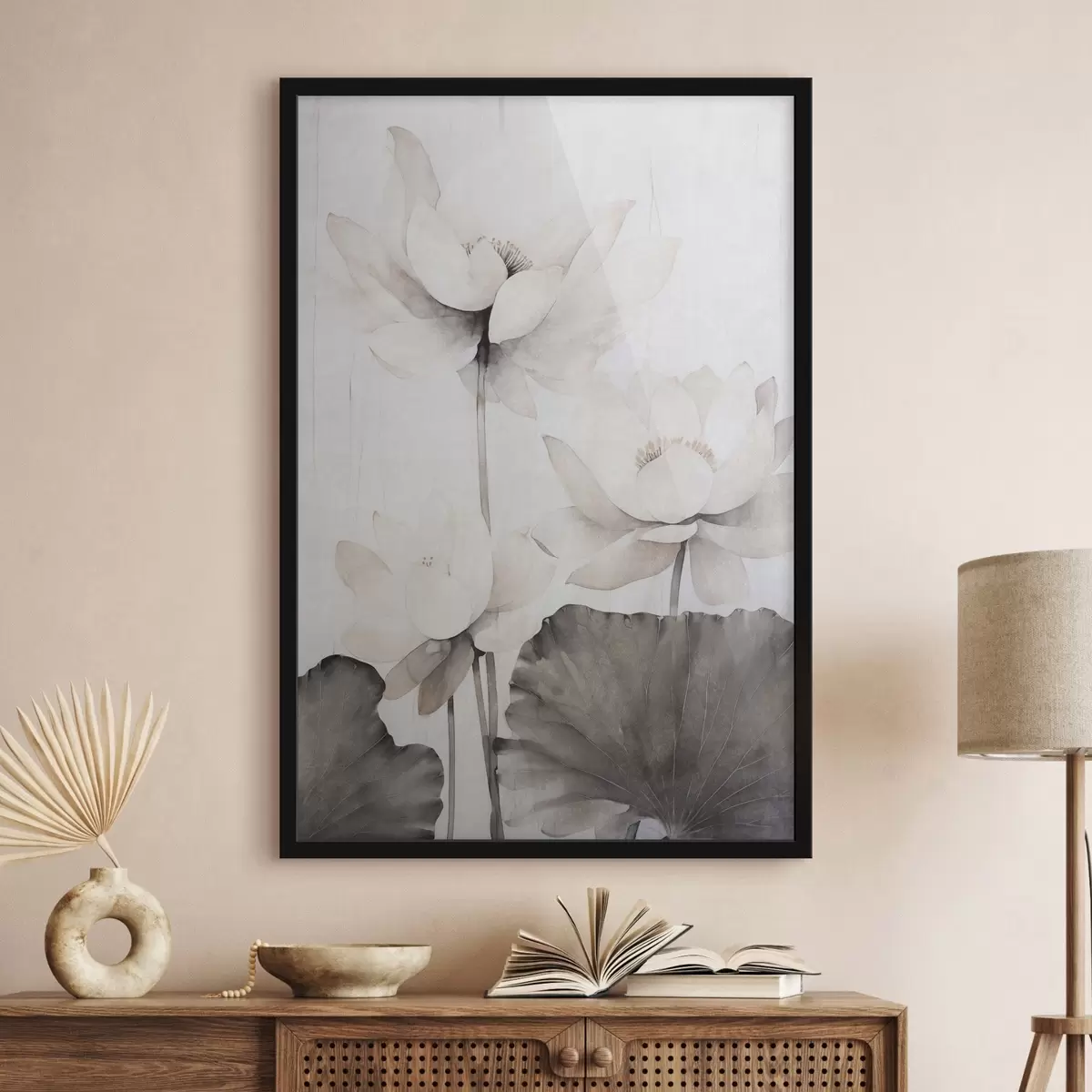 Poster Weiße Lotusblumen mit dunkler Blattstruktur, heller Hintergrund, minimalistisches Design f45936