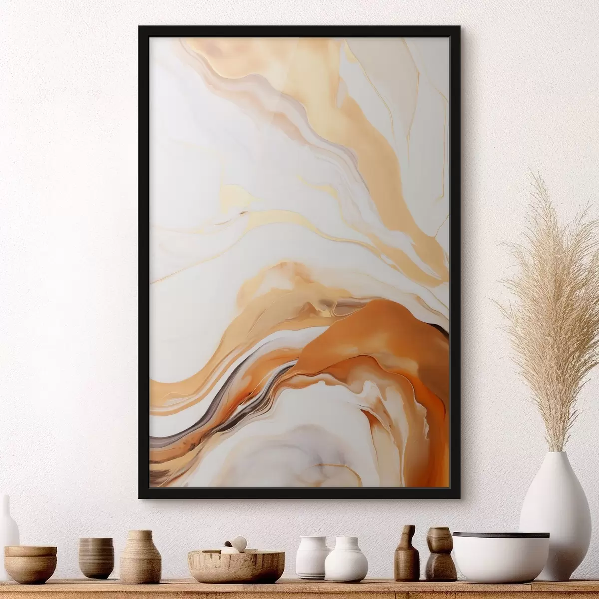 Poster Abstrakte Malerei-Imitation mit fließenden Formen in Weiß-, Orange- und Brauntönen, minimalistisch f45938