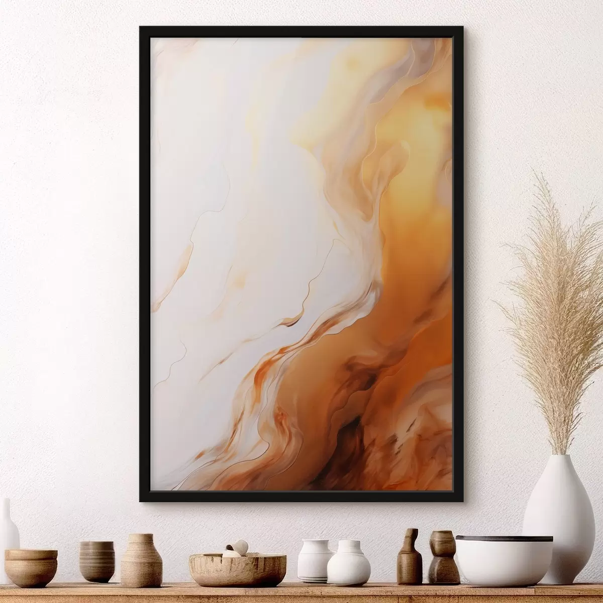 Poster Abstrakte Malerei-Imitation in Weiß und Orange, Fluid Art mit wellenförmigen Linien, moderne Kunst f45939
