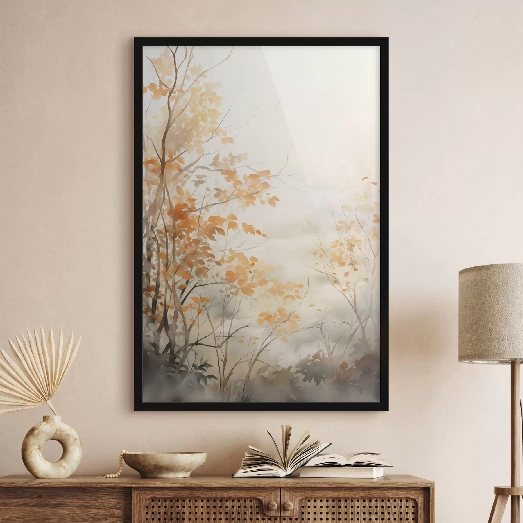Fototapete Herbstbäume mit orangefarbenen Blättern und Zweigen, sanfter Aquarellstil, zarte Pinselstriche f45941