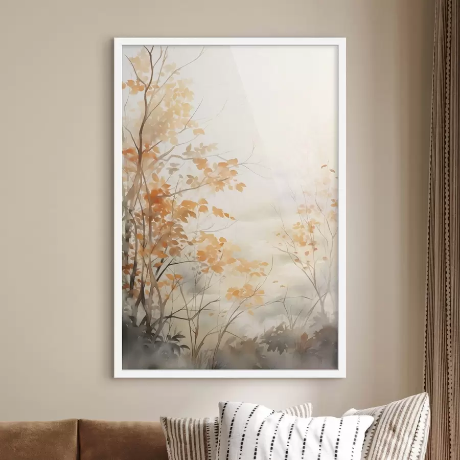 Fototapete Herbstbäume mit orangefarbenen Blättern und Zweigen, sanfter Aquarellstil, zarte Pinselstriche f45941