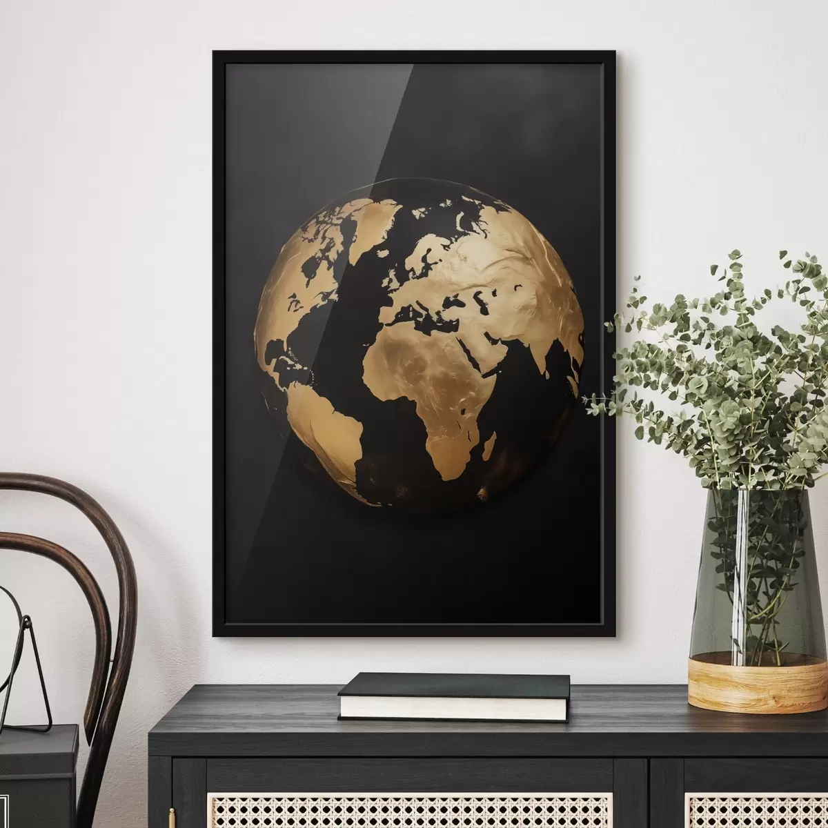 Poster Gelber strukturierter abstrakter Erdglobus, Planet auf schwarzem Hintergrund, moderne minimalistische Kunst f45942
