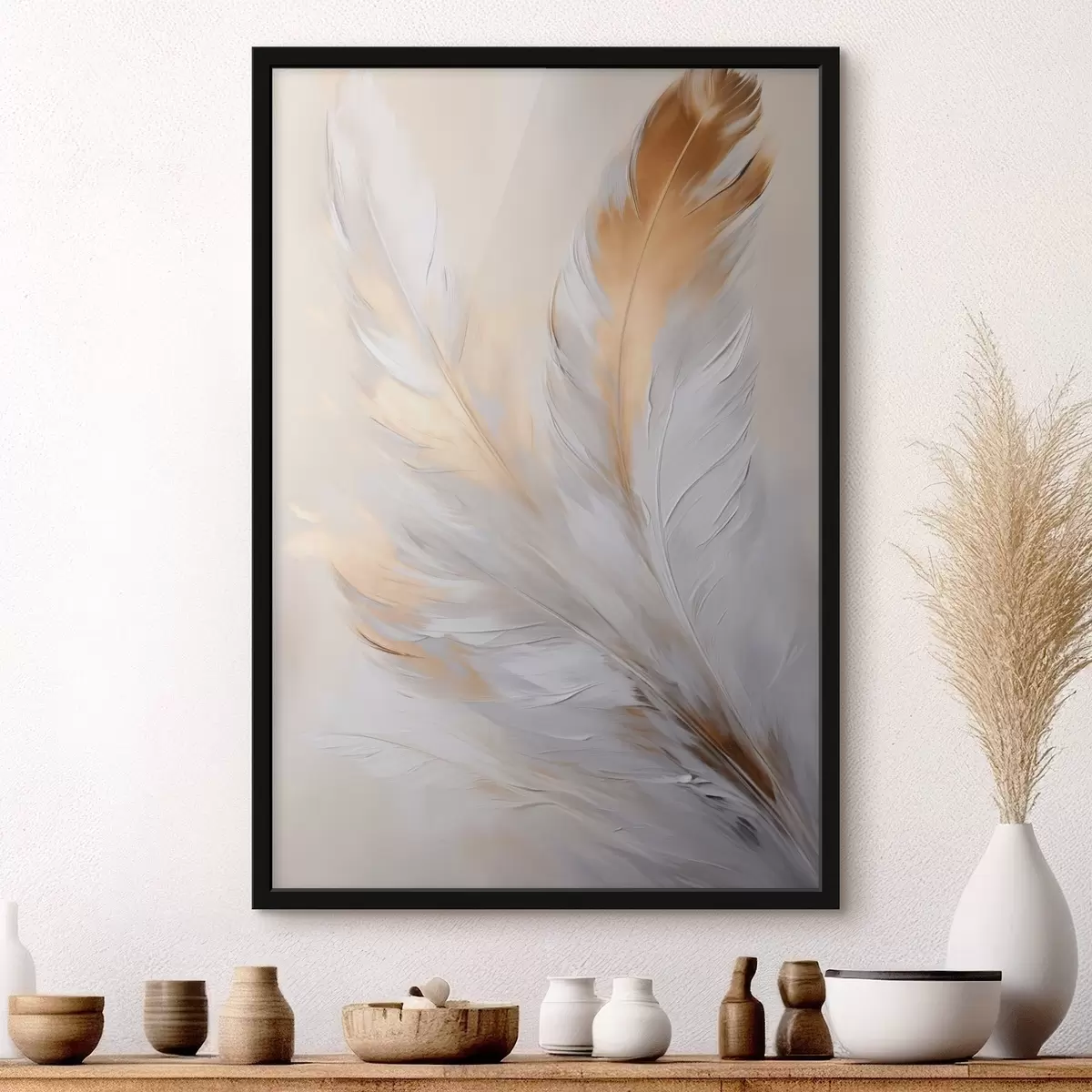 Poster Federn mit orangefarbenen Akzenten, sanfte Beleuchtung, strukturierte minimalistische Komposition, moderne Kunst f45944