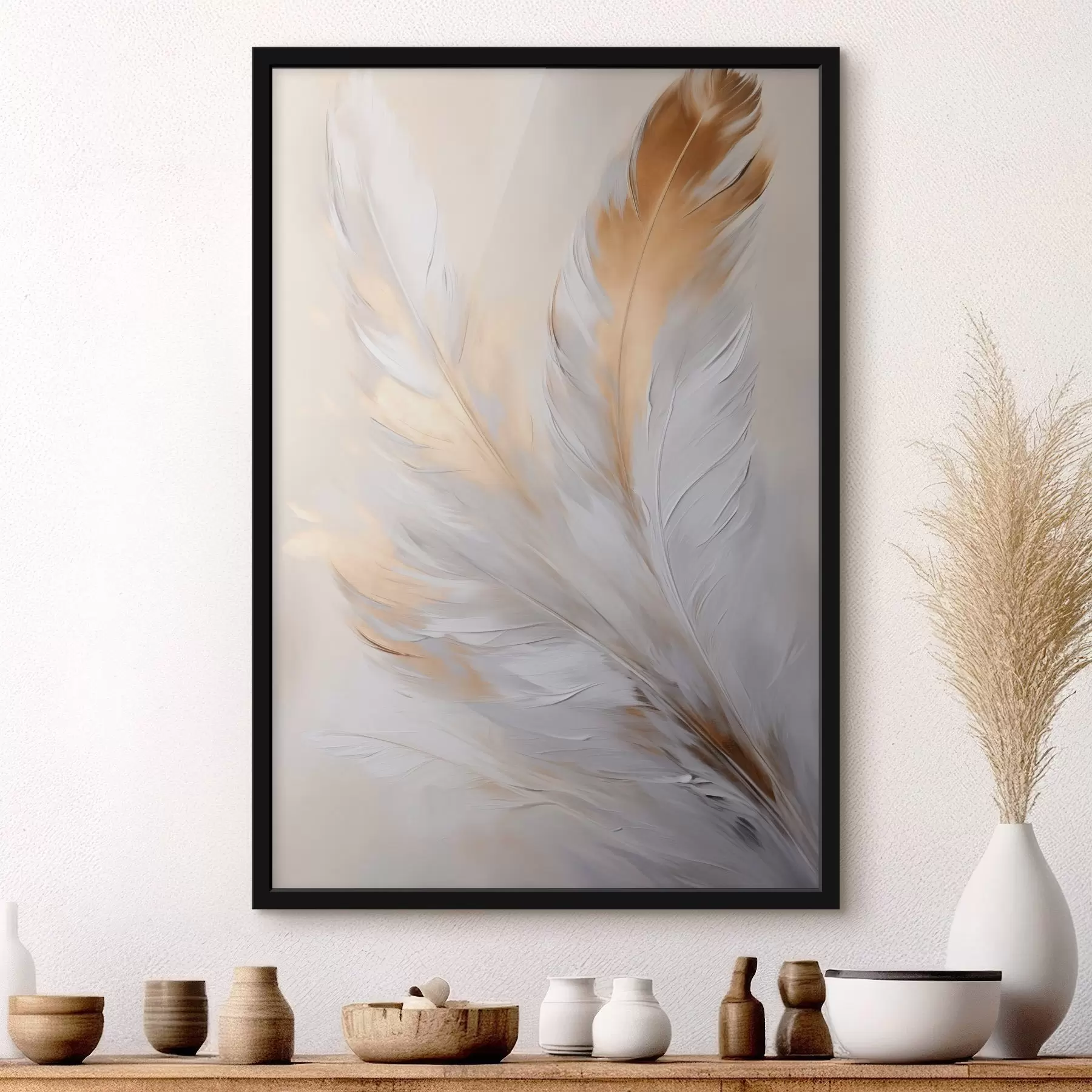 Fototapete Federn mit orangefarbenen Akzenten, sanfte Beleuchtung, strukturierte minimalistische Komposition, moderne Kunst f45944