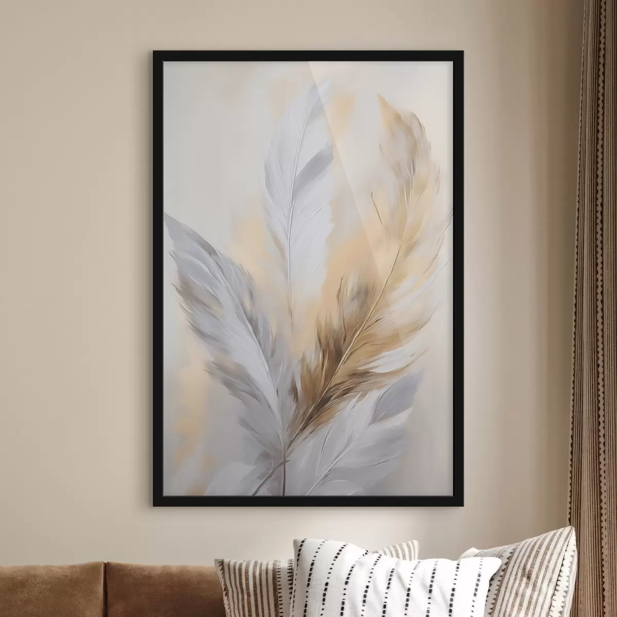 Poster Federn mit orangefarbenen Akzenten, strukturierte minimalistische Komposition, moderne Kunst f45945