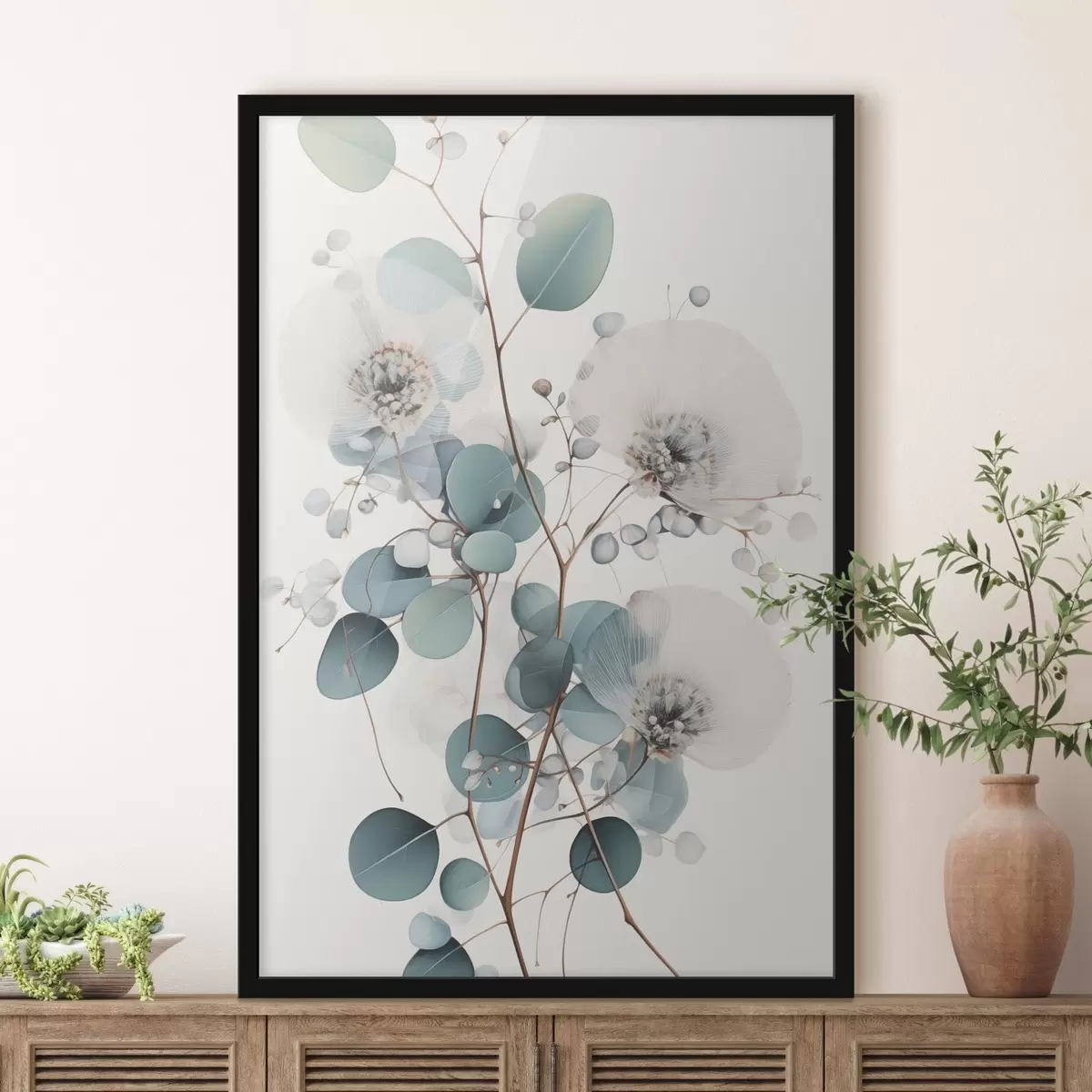 Poster Eukalyptus-Blüten mit weißen Blütenblättern, gedeckten grünen Blättern an Zweigen f45946