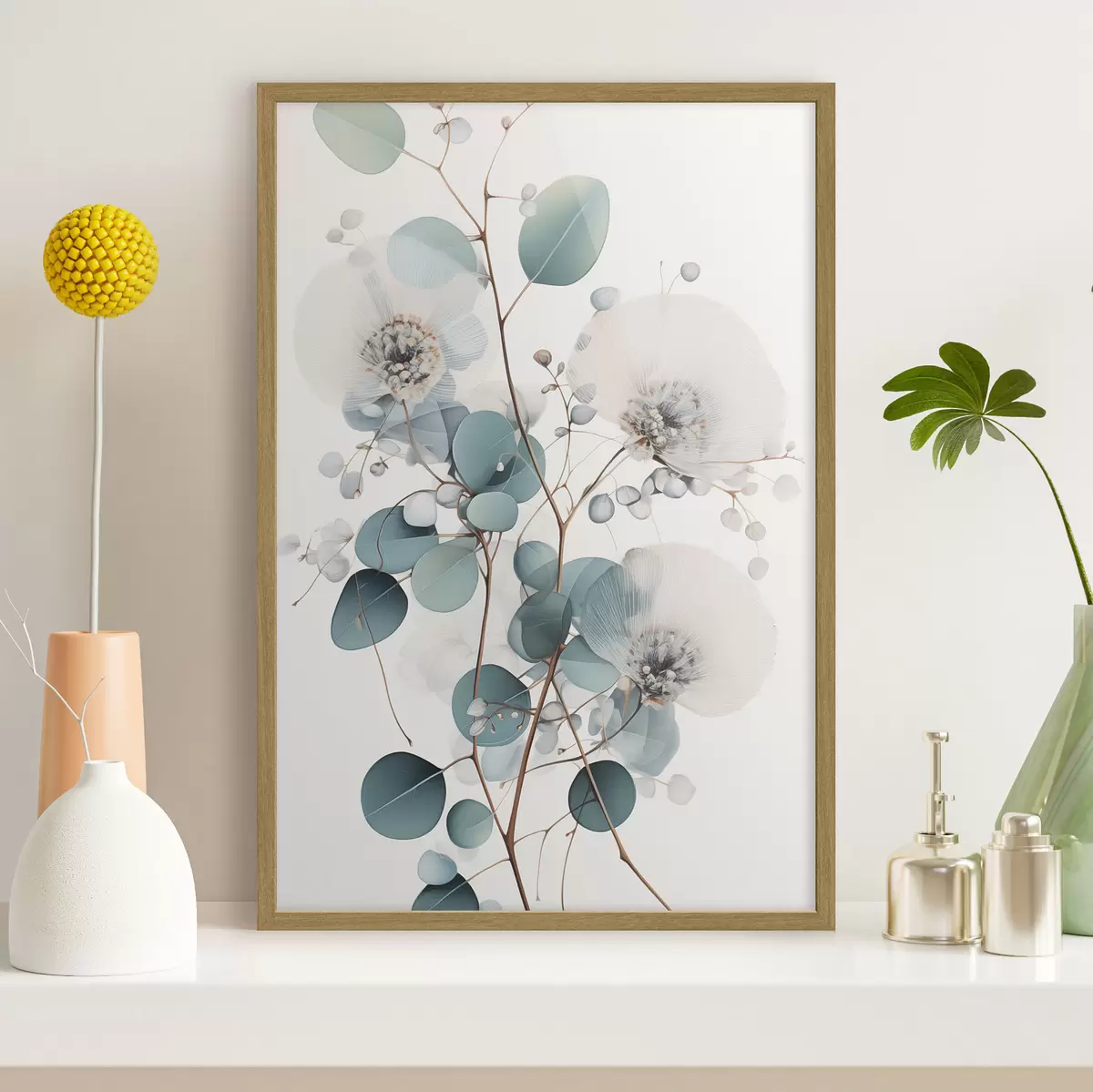 Poster Eukalyptus-Blüten mit weißen Blütenblättern, gedeckten grünen Blättern an Zweigen f45946