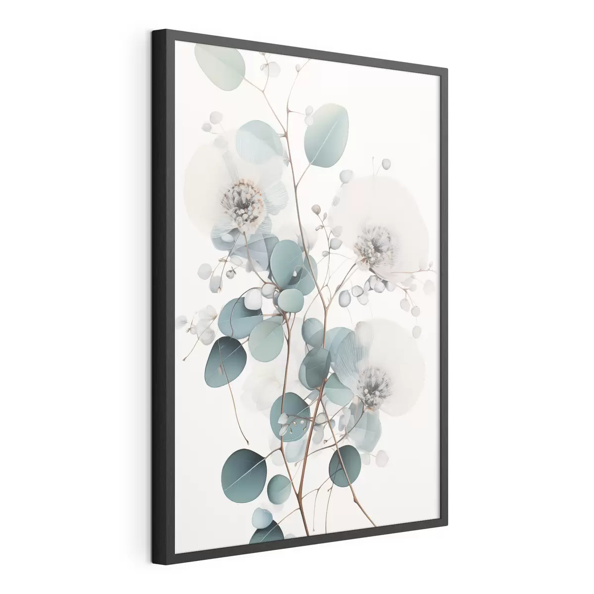 Poster Eukalyptus-Blüten mit weißen Blütenblättern, gedeckten grünen Blättern an Zweigen f45946