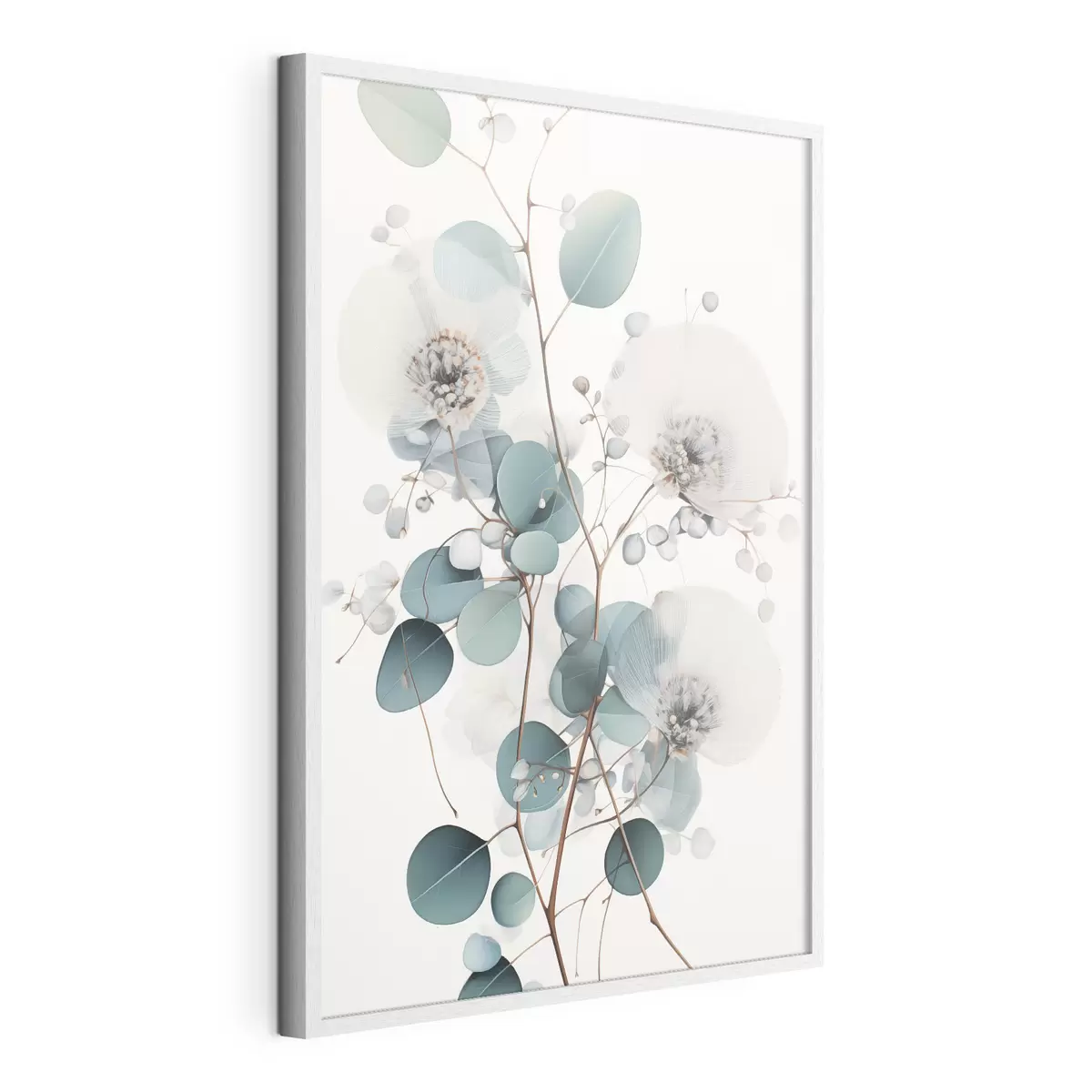 Poster Eukalyptus-Blüten mit weißen Blütenblättern, gedeckten grünen Blättern an Zweigen f45946
