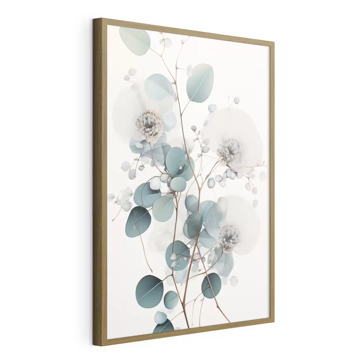 Poster Eukalyptus-Blüten mit weißen Blütenblättern, gedeckten grünen Blättern an Zweigen f45946