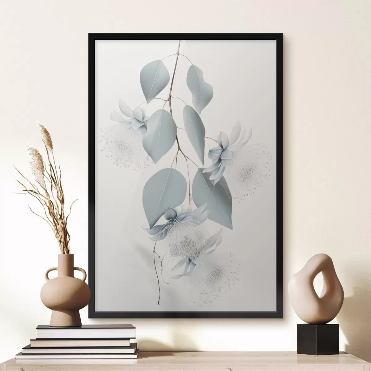 Poster Eukalyptuszweig mit blauen Blättern und weißen Blüten, heller Hintergrund f45947