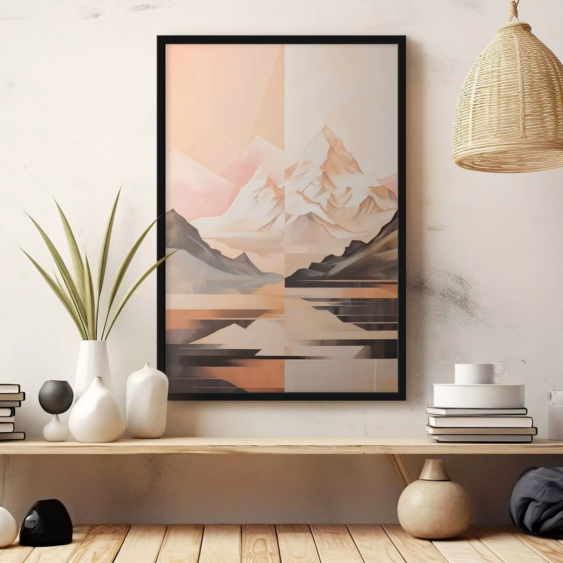 Fototapete Abstrakte Landschaft mit Bergen und einem See, Pastellfarben, minimalistischer Stil f45948