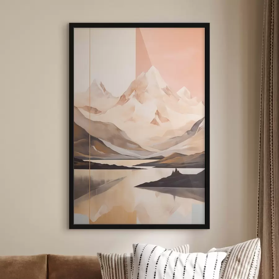 Fototapete Abstrakte Landschaft mit Bergen und einem See, Pastellfarben, minimalistischer Stil f45949