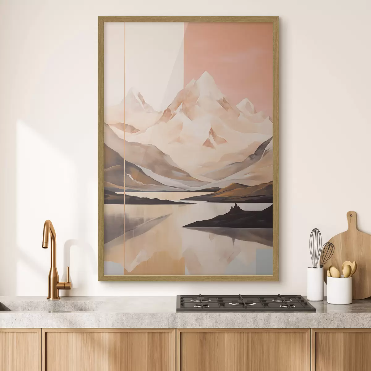 Poster Abstrakte Landschaft mit Bergen und einem See, Pastellfarben, minimalistischer Stil f45949