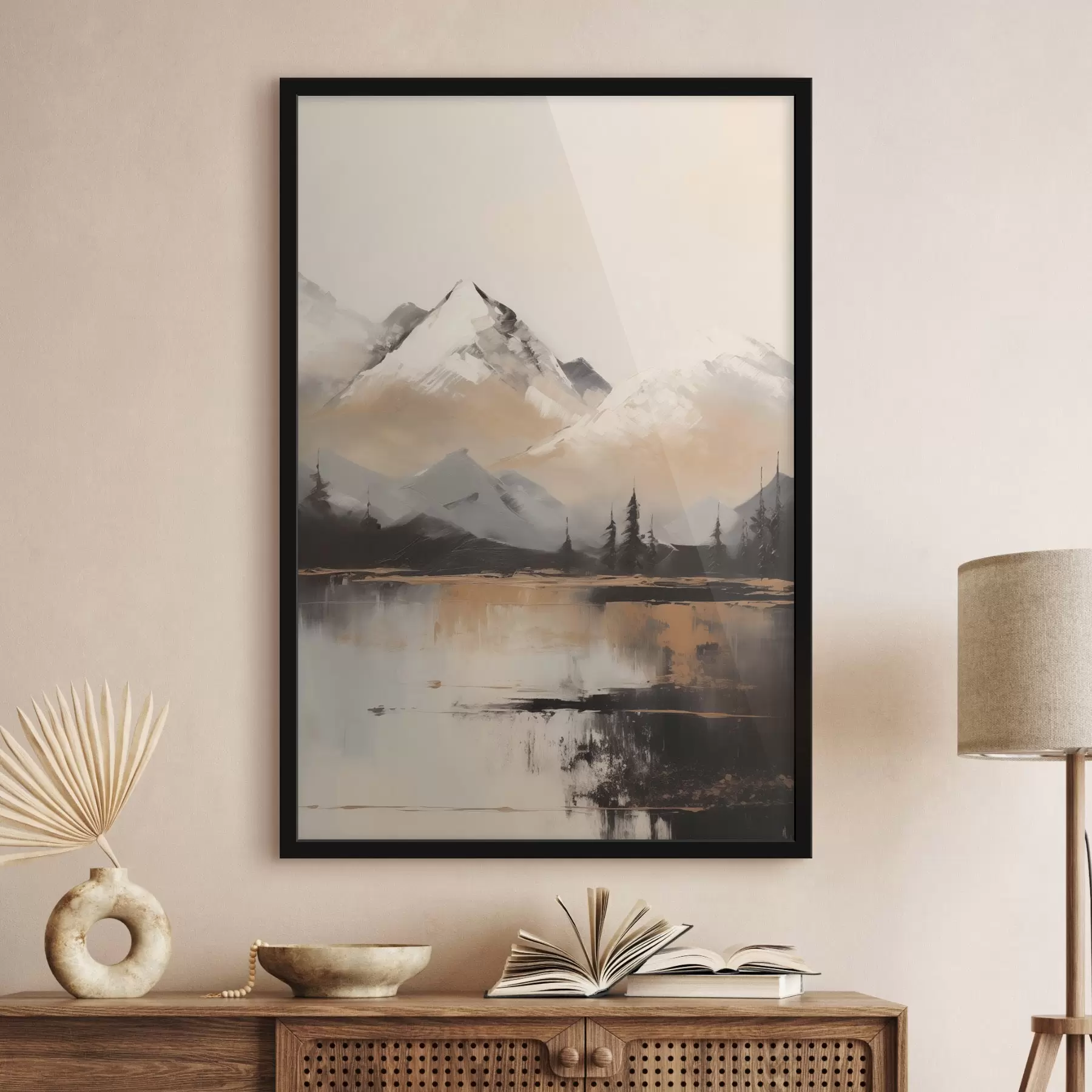 Fototapete Verschneite Berge mit Baumstruktur vor einem See f45951