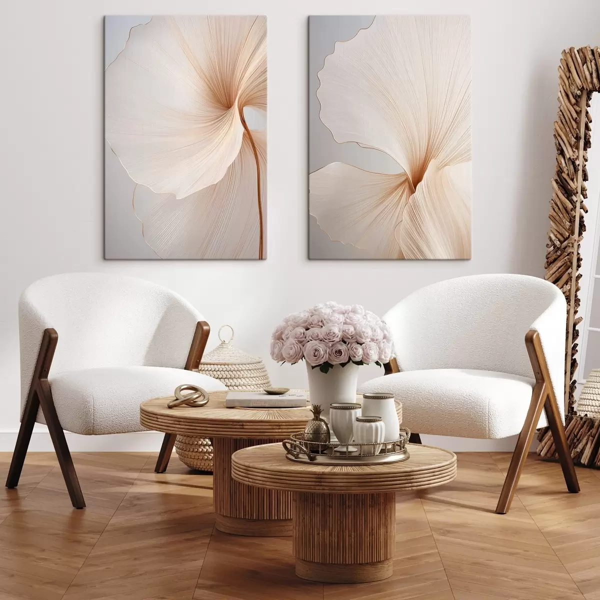 Fototapete Abstrakte Blumen mit dünnen, zarten Blütenblättern in Weiß- und Beigetönen m00817