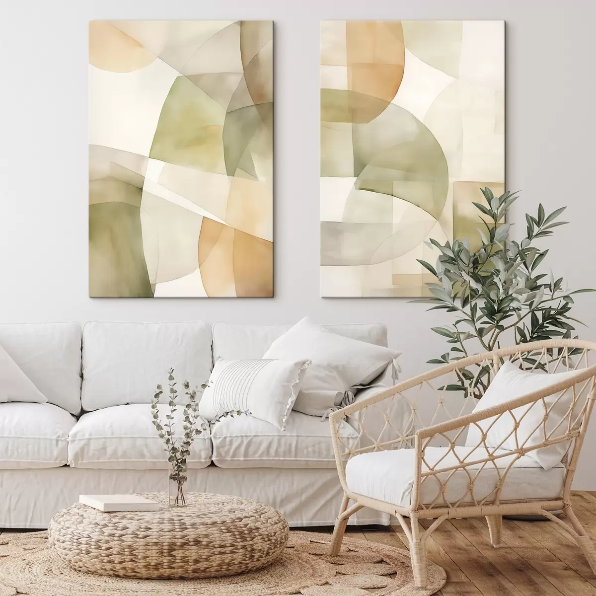 Fototapete Abstrakte geometrische Formen mit Aquarellstruktur in Grün-, Braun- und Beigetönen m00820