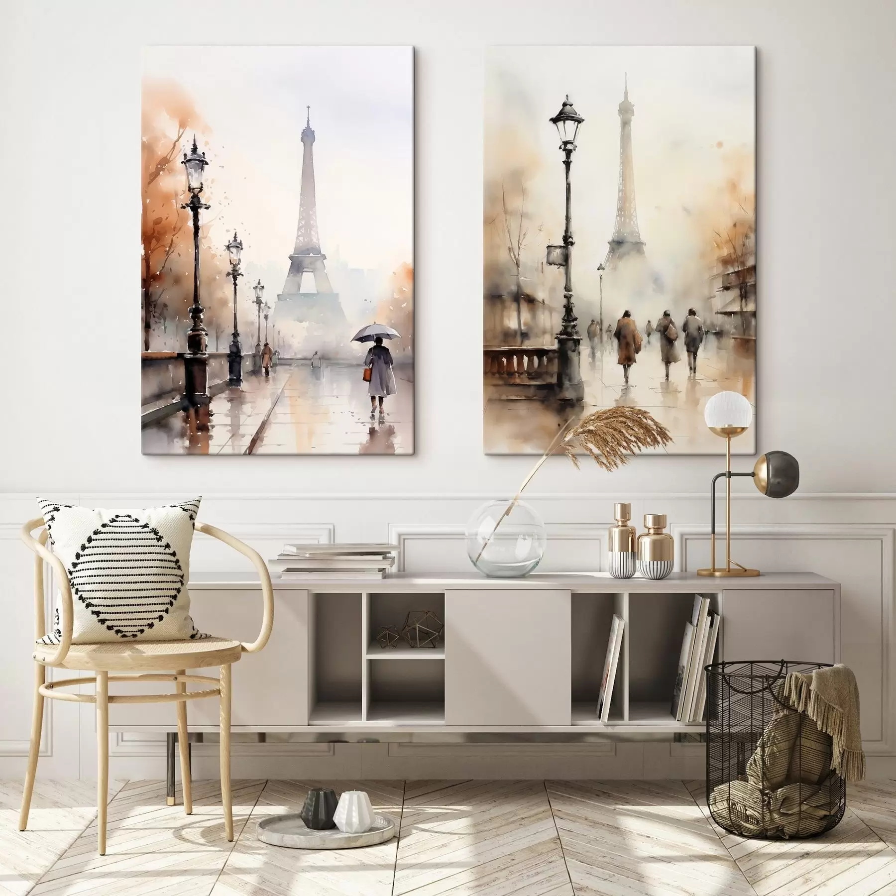 Fototapete Ein regnerischer Herbsttag in Paris mit dem Eiffelturm im Hintergrund und Vintage-Straßenlaternen m00821