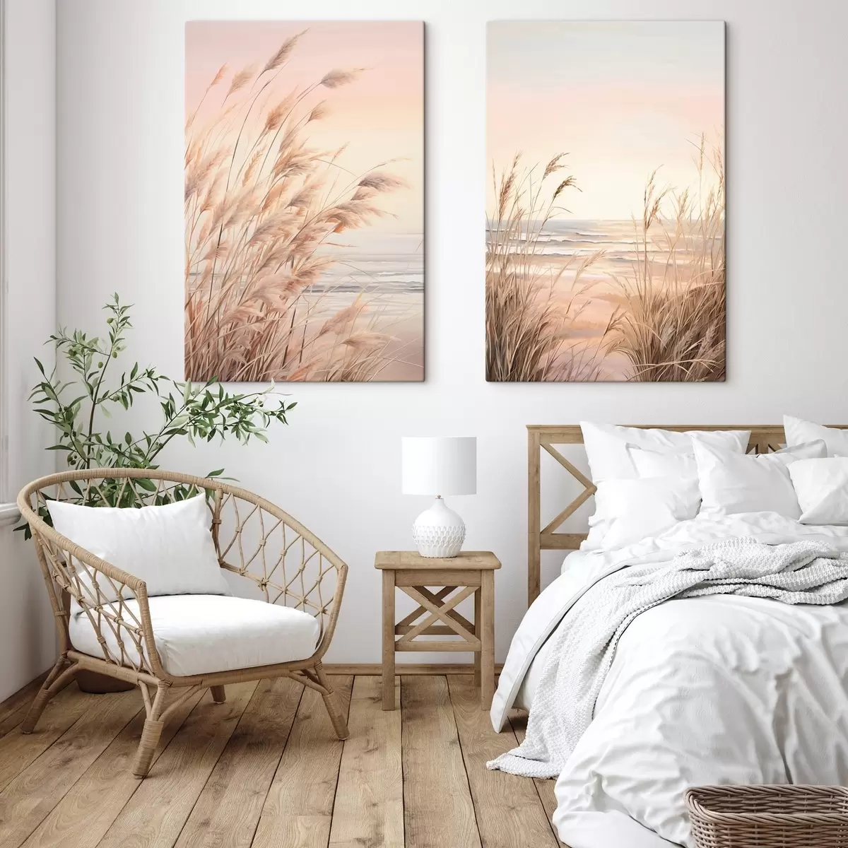 Fototapete Pampasgras mit pastelloranger Farbpalette, hellrosa Himmel, eine ruhige Landschaft m00823