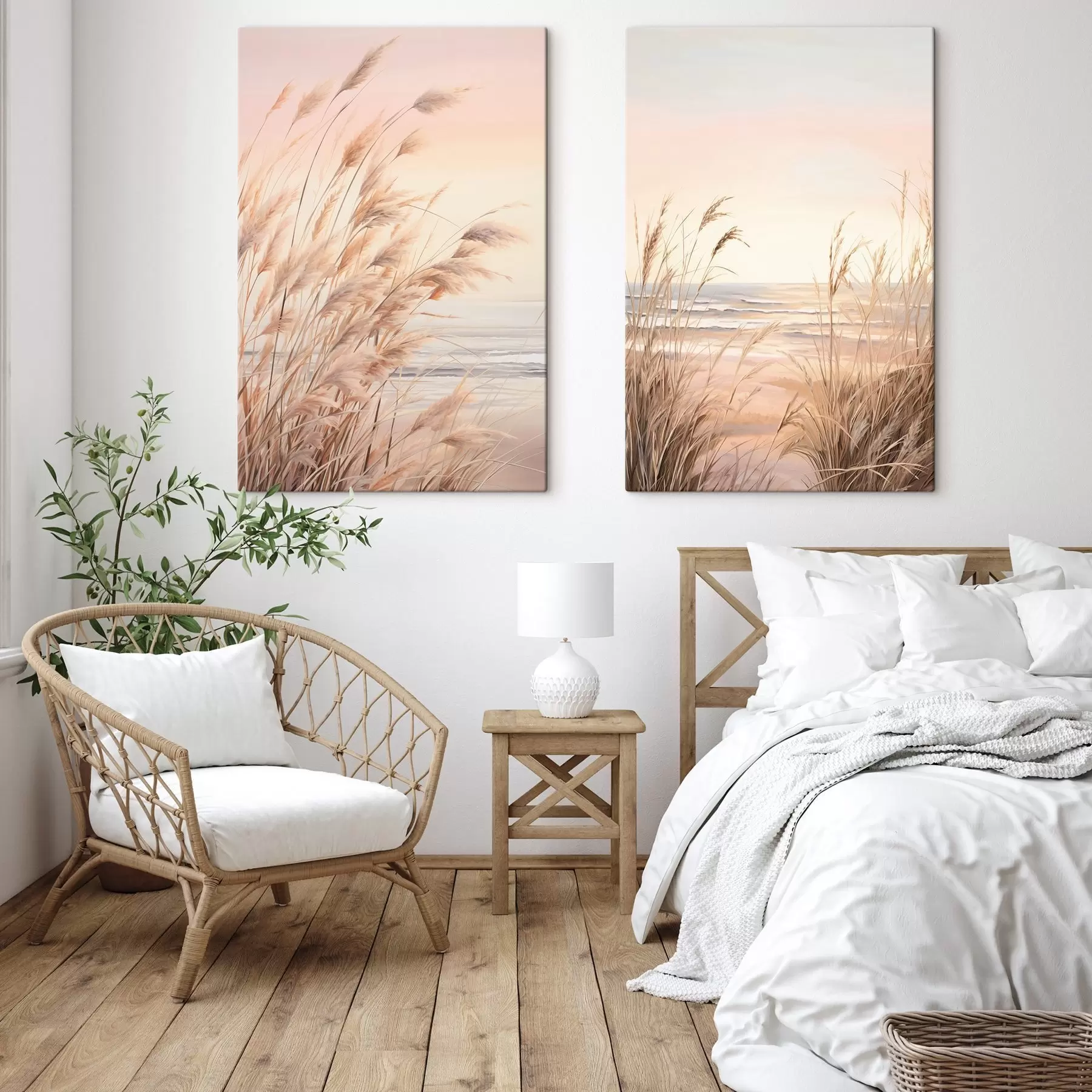 Fototapete Pampasgras mit pastelloranger Farbpalette, hellrosa Himmel, eine ruhige Landschaft m00823