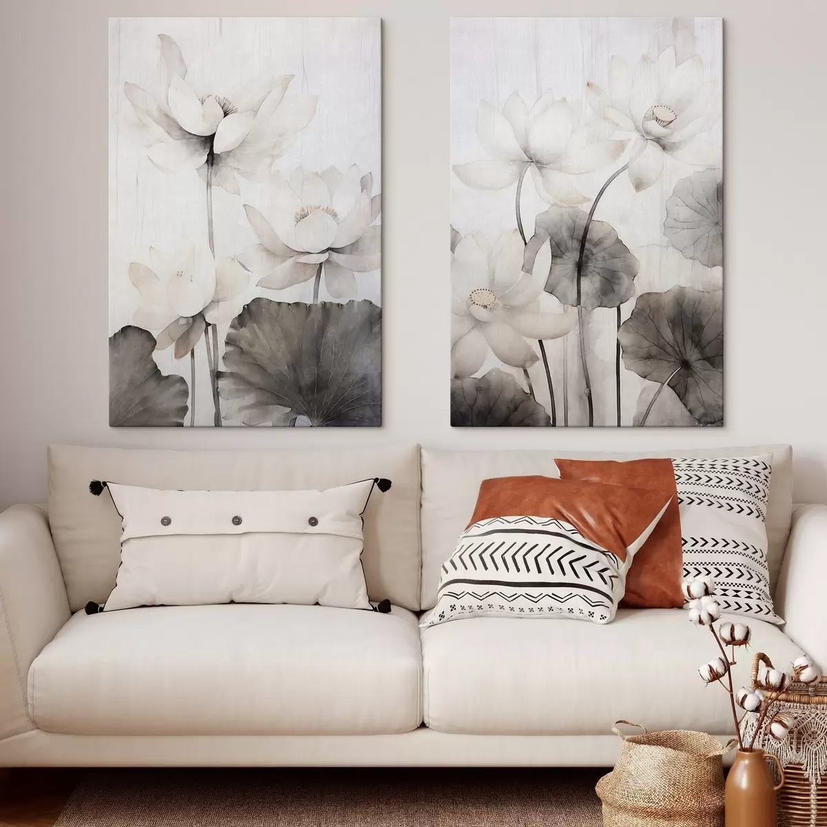 Fototapete Weiße Lotusblumen mit dunkler Blattstruktur, heller Hintergrund, minimalistisches Design m00824