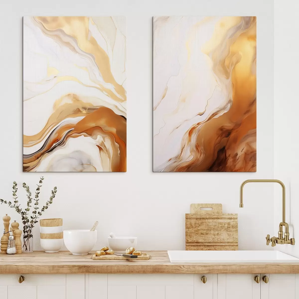Fototapete Abstrakte Malerei-Imitation in Weiß und Orange, Fluid Art mit wellenförmigen Linien, moderne Kunst m00825