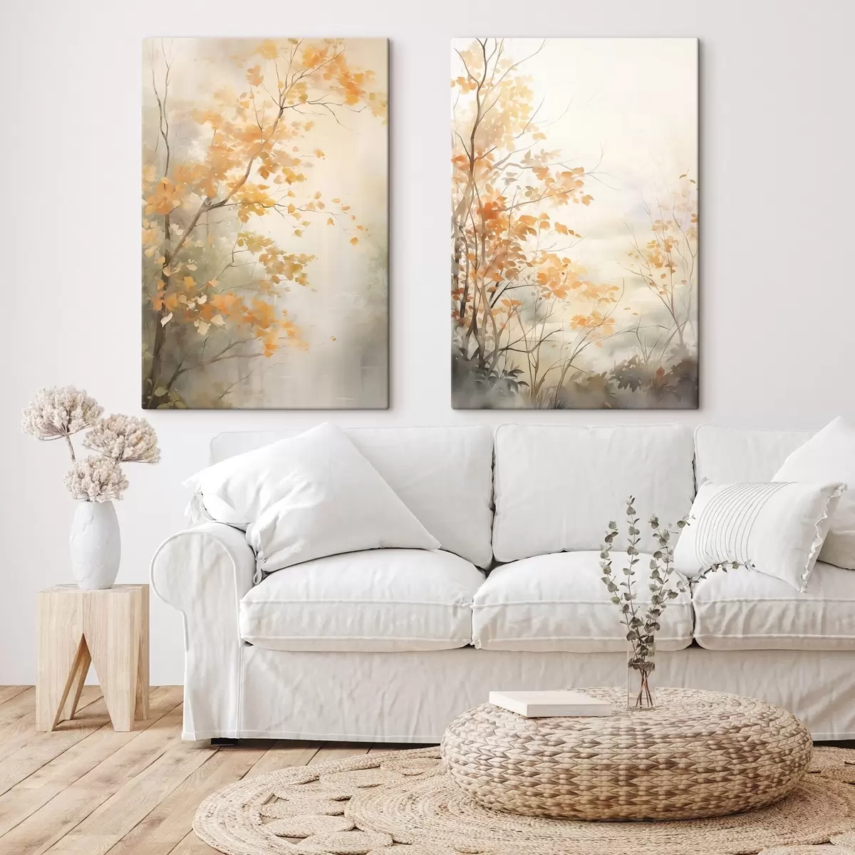 Fototapete Herbstbäume mit orangefarbenen Blättern und Zweigen, sanfter Aquarellstil, zarte Pinselstriche m00826