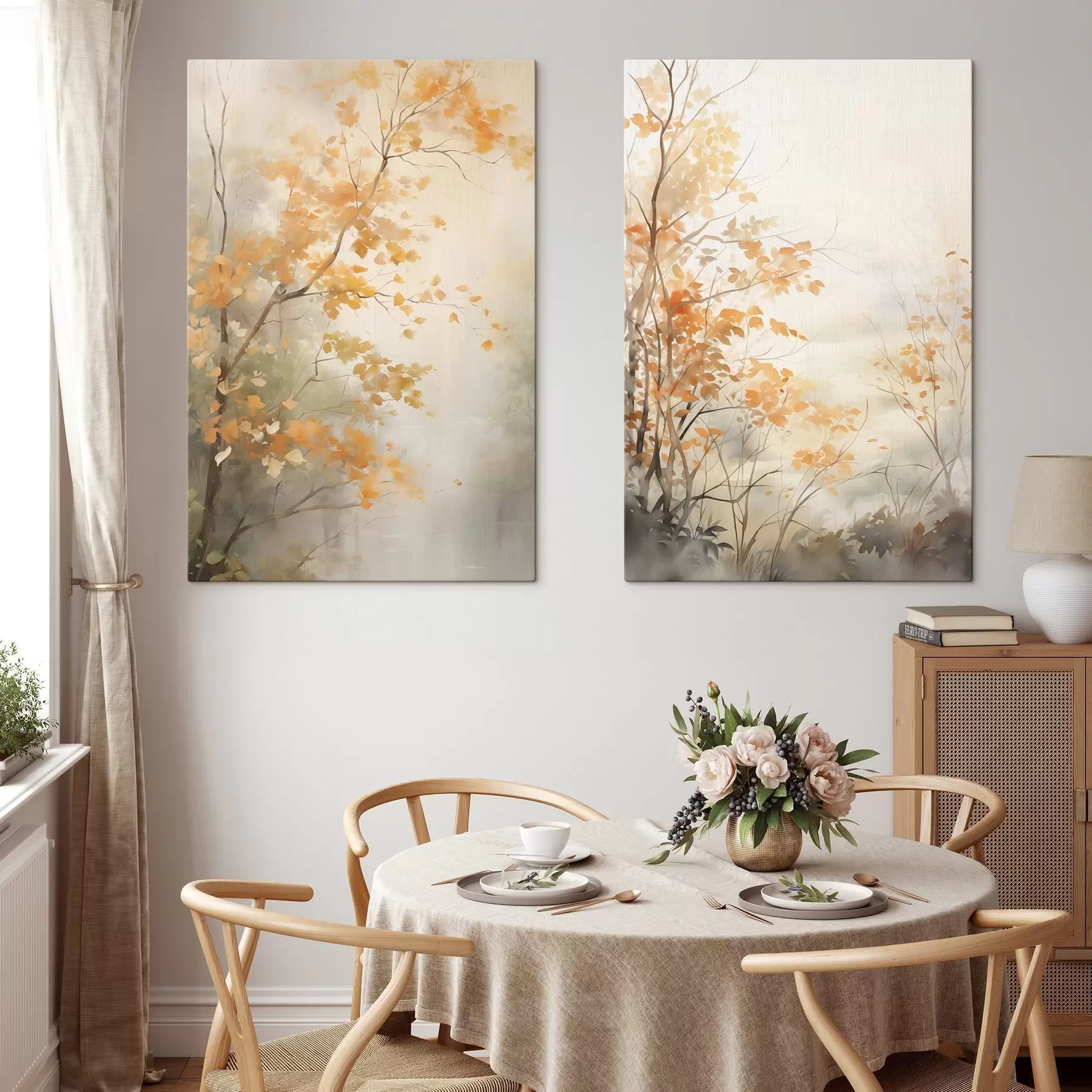 Fototapete Herbstbäume mit orangefarbenen Blättern und Zweigen, sanfter Aquarellstil, zarte Pinselstriche m00826