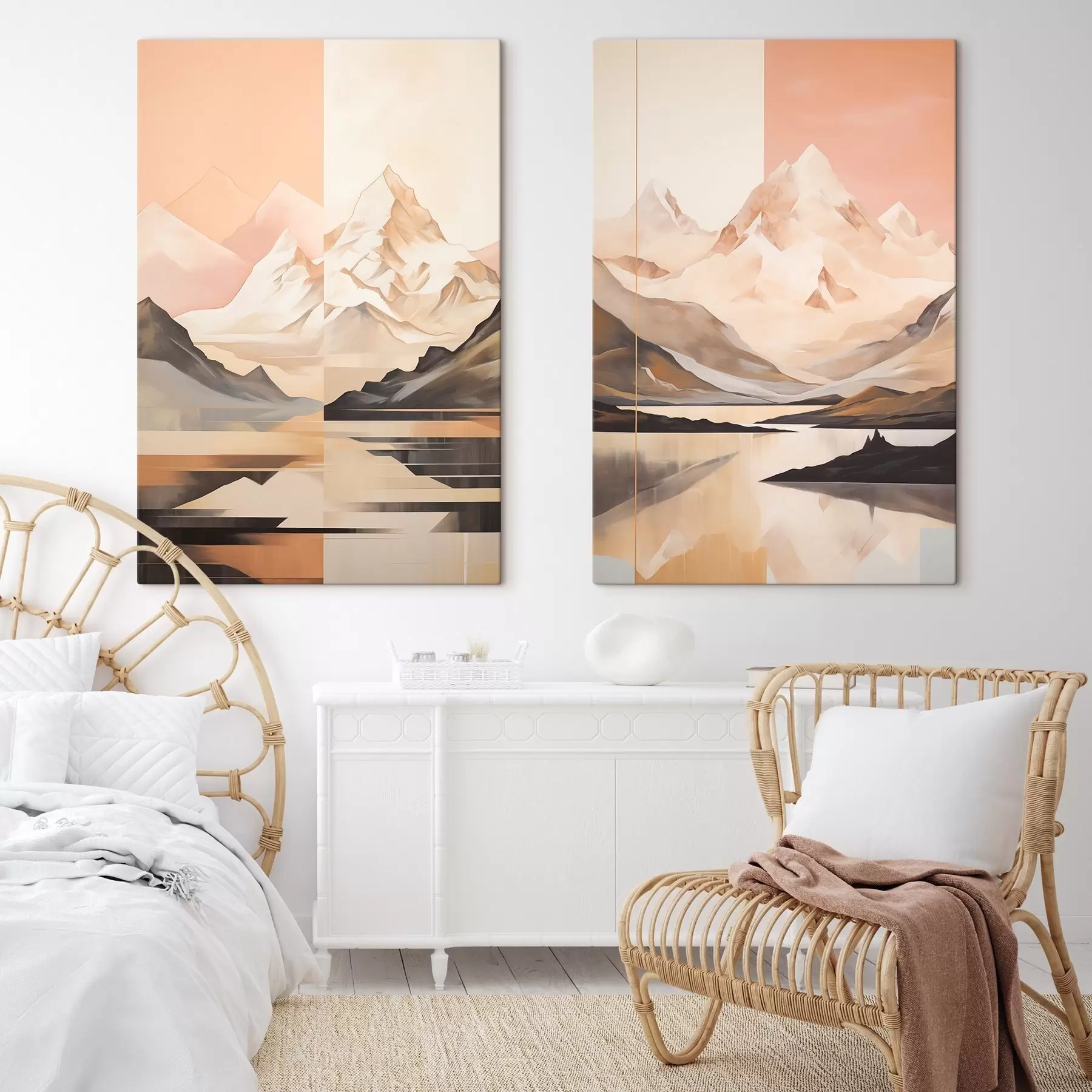 Fototapete Abstrakte Landschaft mit Bergen und einem See, Pastellfarben, minimalistischer Stil m00830